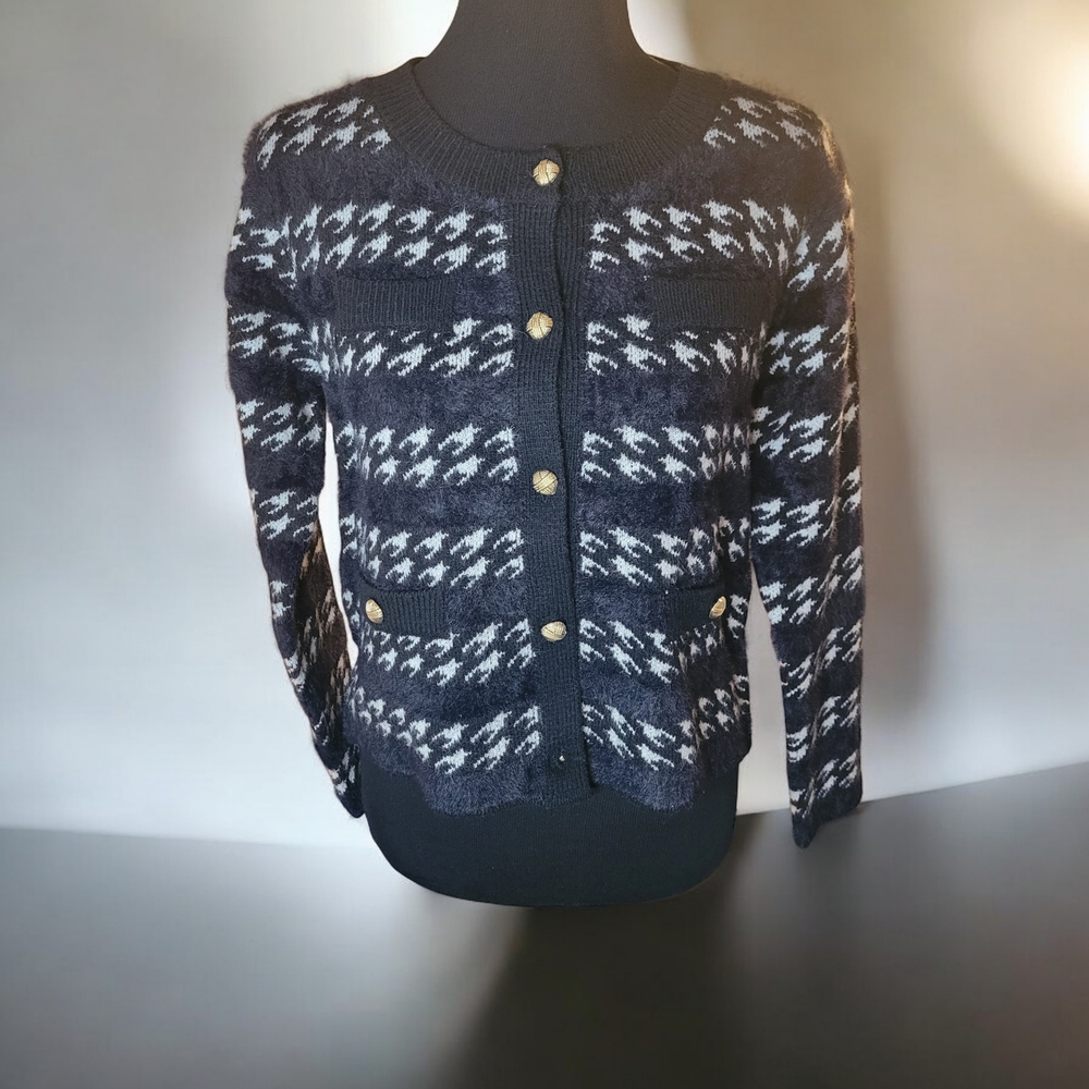 Oliver O. Black and White Button Down Fuzzy Cardigan Size S